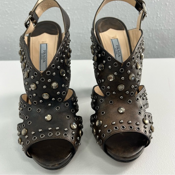 Prada Leather Studded Strappy Chocolate Block Heel Sandal Size 38.5 (US 8) - Picture 3 of 12
